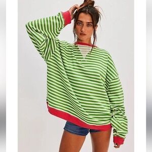 🍀 FREE PEOPLE Green & Pink Viral Classic Striped Crewneck Pullover Sweatshirt